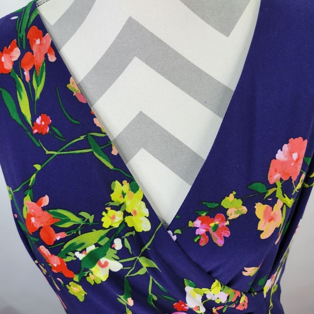 Lauren Ralph Lauren Faux Wrap Navy Floral Sleeveless Midi Dress Side Zip Size 16 - Picture 2 of 12
